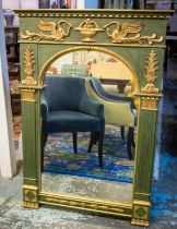 OVERMANTLE, with arched plate in a green painted frame with gilt detail, 92cm x 130cm H.