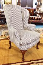 WING ARMCHAIR, Queen Anne style, newly upholstered in ticking fabric, 118cm H x 78cm.