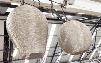 CEILING PENDANT LIGHTS, a set of two, differing sizes and shapes, wire work design, 60cm at