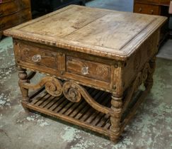 CENTRE TABLE, 67cm H x 90cm W x 90cm D, Asian teak containing two drawers with glass handles.