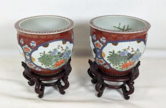 BOWLS ON STANDS, a pair, Chinese ceramic, each 41cm x 56cm H including stands. (2)