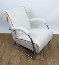 ARMCHAIR, circa 1970s, chrome tubular framed cantilever design with boucle upholstery, 75cm H x 68cm