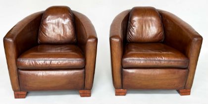 AVIATOR ARMCHAIRS, a pair, mid 20th century brown natural soft tan leather with converging backs and