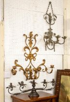 WALL LIGHT, 66cm H c 67cm W gilt metal, another 73cm H x 42cm W and a candelabrum 19cm x 80cm W. (3)