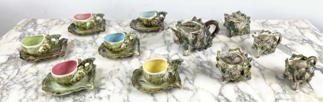 MAJOLICA MID CENTURY TEA SERVICE, comprising six conchshell tea cups and saucers with coloured