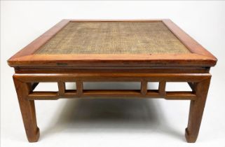 CHINESE LOW TABLE, 19th century square form, rattan top on firwood open framed base, 97cm sq x