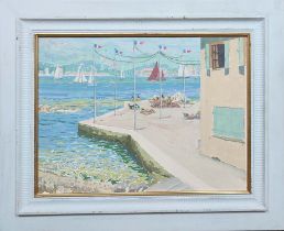 20TH CENTURY SCHOOL, 'Nikki beach, St Tropez', oil on canvas, 29cm x 40cm, inscribed verso, framed.