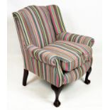 WING ARMCHAIR, 85cm H x 74cm, multi coloured striped upholstery.