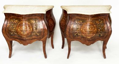 COMMODINOS, a pair, Italian satinwood marquetry inlaid of bombé form each with three drawers, 80cm W