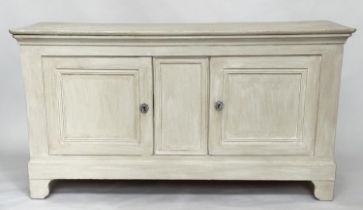 SIDE CABINET, vintage French traditionally grey painted with two panelled doors, 151cm W x 81cm H