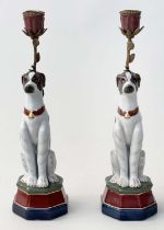 DOG CANDLESTICKS, a pair, Continental style ceramic, painted and gilt metal mounted. (2)