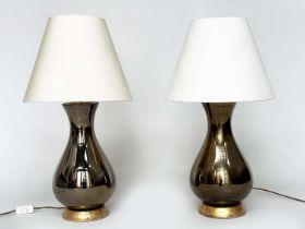 TABLE LAMPS, a pair, Heathfield and Co Louisa, gilt glazed ceramic with shades, 77cm H. (2)