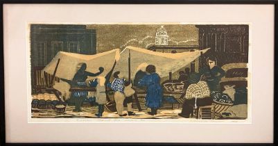 GWYNETH TRAVERS, 'Kingston market ' (Ontario), woodcut, 29cm x 52cm, framed.