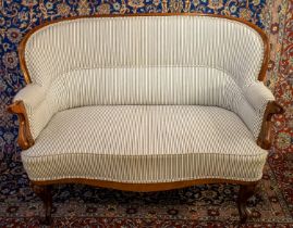 SOFA, 87cm H x 123cm, 19th century Continental mahogany in black and white ticking upholstery.