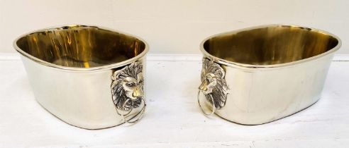 CHAMPAGNE COOLERS, a pair, 16cm high, 45cm wide, 26cm deep, lion head ring handles, polish metal. (