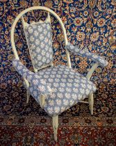 ARMCHAIR, 92cm H x 61cm, painted with patterned upholstery.