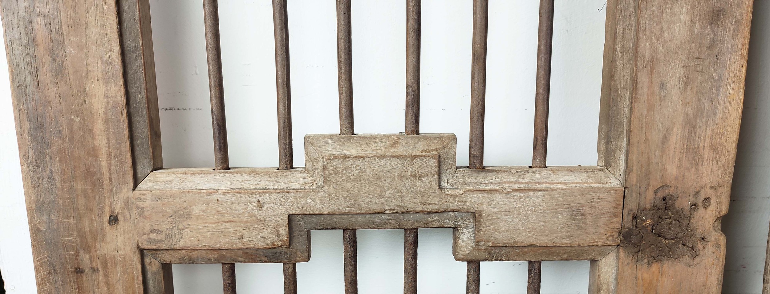 FRENCH WOODEN GATES, a pair, each with iron rod inserts and a single wooden panel, probably 19th - Image 3 of 6