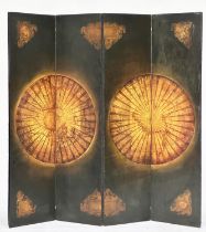 SCREEN, 19th century four-fold with gilded polar images, each panel, 46cm W x 184cm.