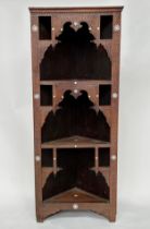 MOORISH ETAGERE, early 20th century incised hardwood and bone inlaid with shelves, 167cm x H 66cm
