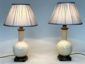 TABLE LAMPS, a pair, gourd vase form craquelure ceramic and bronzed metal, mounted with silk pleated