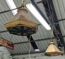 HANGING LANTERNS, a pair, copper coloured, mid 20th century, each approx 60cm x 77cm H.