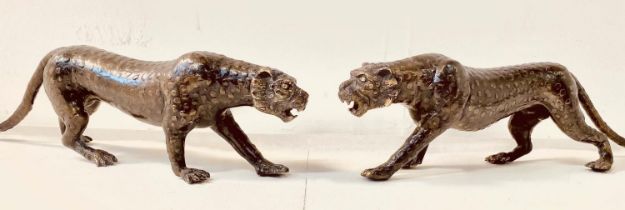 BRONZE LEOPARD FIGURES, a pair, 14cm x 50cm x 10cm (2)