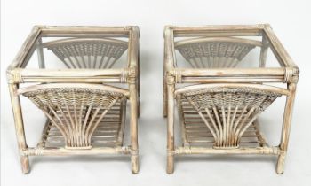 LAMP TABLES, a pair, rattan framed and cane bound, square with glazed tops and undertier, 51cm x