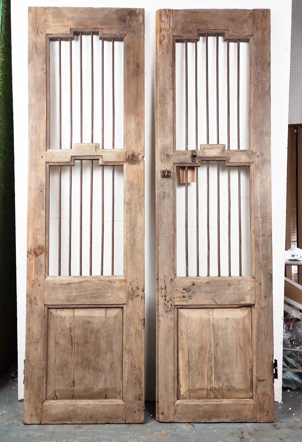 FRENCH WOODEN GATES, a pair, each with iron rod inserts and a single wooden panel, probably 19th - Image 2 of 6