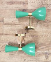 WALL LIGHTS, a pair, in the manner of Stilnovo, green shades, 28cm high, 14cm wide, 22cm deep. (2)