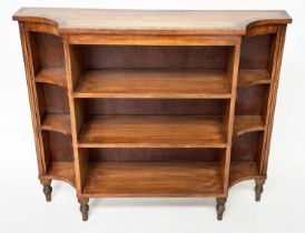 OPEN BOOKCASE, Regency style satinwood and crossbanded, breakfront with three shelves and turned