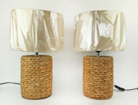 TABLE LAMPS, a pair, 47cm H, ceramic, faux seagrass design, with shades. (2)