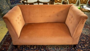 HAMPTON & SONS DOUBLE DROP ARM SOFA, Edwardian mahogany in dusky pink velour, 77cm H x 143cm W x