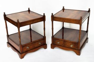 LAMP TABLES, a pair, George III design yewood each galleried with drawer and undertier, 45cm x