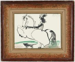 PABLO PICASSO, Woman on horseback with dog, off set lithograph, Toros suite, vintage French frame,