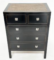 CHEST, Chinese lacquered and silvered metal mounted with cane inset top and two short above three