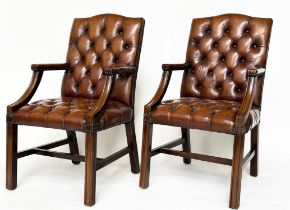 GAINSBOROUGH ARMCHAIRS, a pair, George III design mahogany with soft natural buttoned mid brown