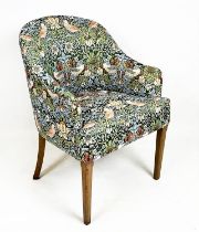 TUB CHAIR, 91cm H x 64cm, mid 20th century in William Morris strawberry thief patterned upholstery.