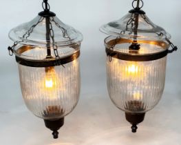 BELL JAR HALL LANTERNS, a pair, glass reeded tapering and bronze style mounted, 58cm H x 34cm W. (2)