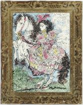 PABLO PICASSO, Woman on horseback pink, off set lithograph, Toros suite, vintage French frame, 37.