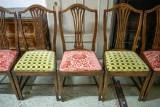 DINING CHAIRS, 99cm H x 47cm W, a set of eight, George III style ash, with contrasting red and green