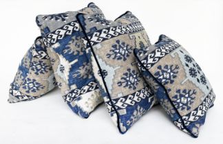 CUSHIONS, four scatter cushions in blue geometric print. (4)