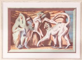 HANS FEISBUSCH (1898-1998), 'Mandrill and Mangabeys', lithograph, 63cm x 84cm, framed.