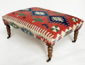 KELIM HEARTH STOOL, rectangular tribal kelim upholstered with turned supports, 100cm W x 66cm D x