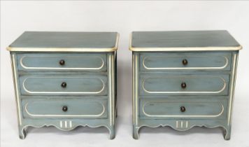 BEDSIDE CHESTS BY GRANGE, a pair, French Directoire style, blue and cream each with three drawers