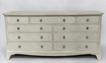 LOW CHEST, Georgian style traditionally grey painted with nine drawers, canted angles and bracket