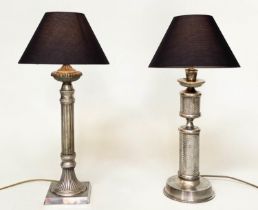 COLUMN LAMPS, two silvered metal fluted column, with stepped base together with a continental