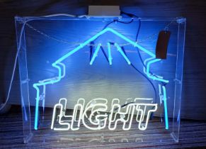 NEON SIGN, spells 'Light', in perspex housing, 75cm x 65cm x 8cm.