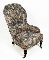 SLIPPER CHAIR, 78cm H x 55cm, Victorian, circa 1860, in foliate patterned upholstery on ceramic