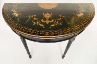 CONSOLE TABLE, George III design black lacquered, demi lune with gilt urn and floral decoration