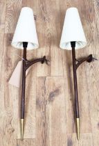 WALL LIGHTS, a pair, 1960s Danish inspired, with shades, 66cm L each. (2)